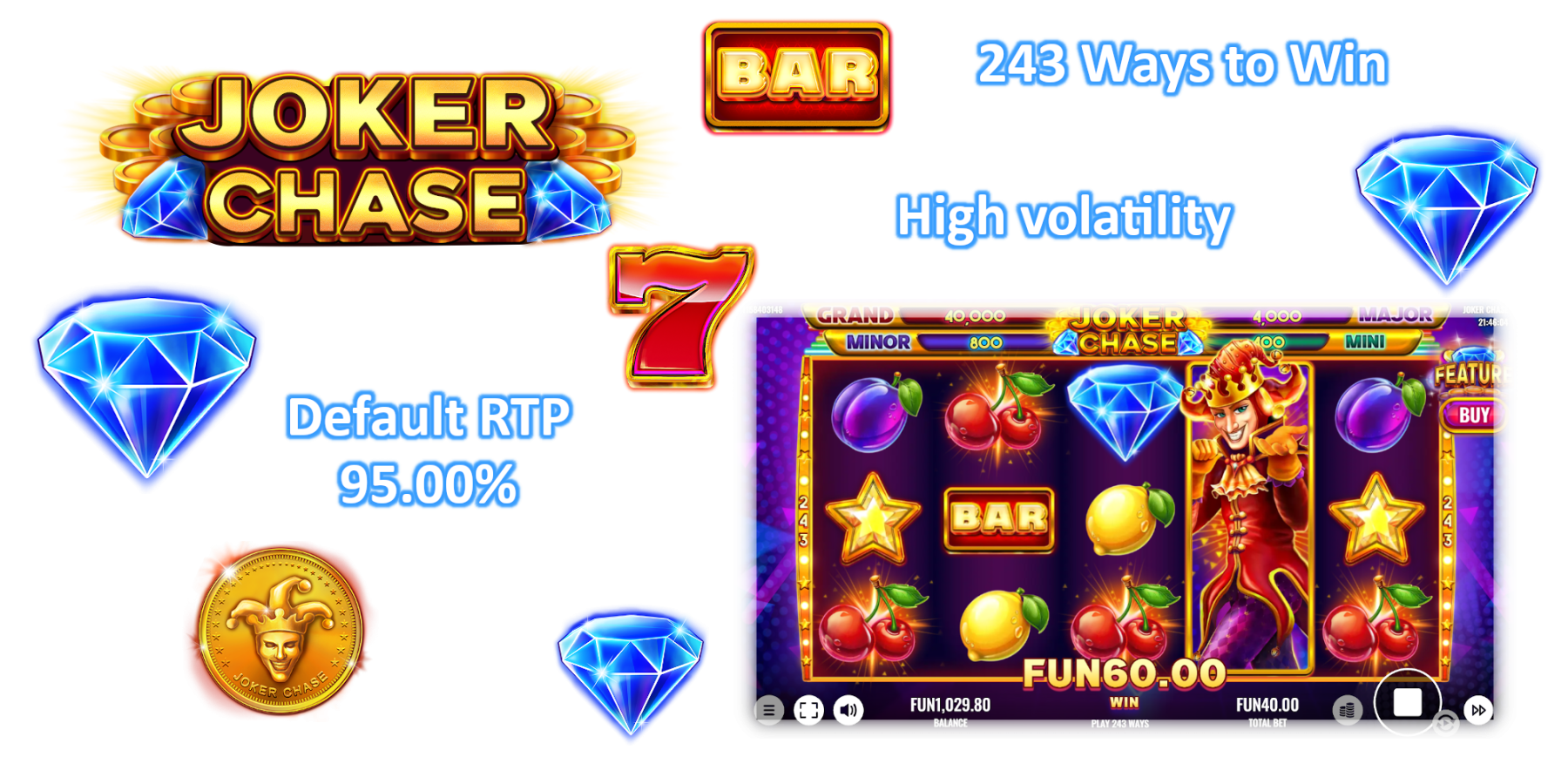 Joker Chase online slot RTP 95%, volatility is high and it has 243 ways to win - basic information