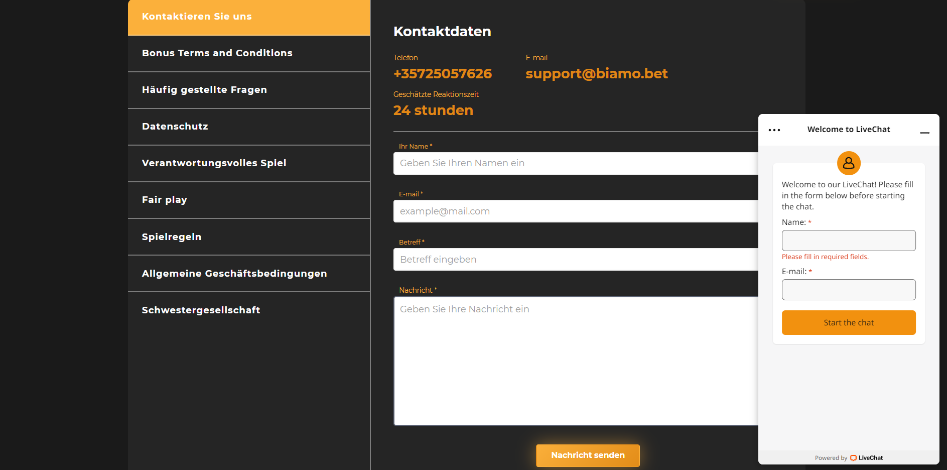 BiamoBet Live Chat whatsapp - Kundensupport