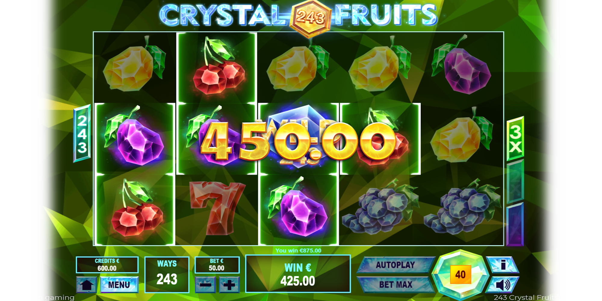Online slot machine 243 Crystal Fruits Reversed has multipliers feature