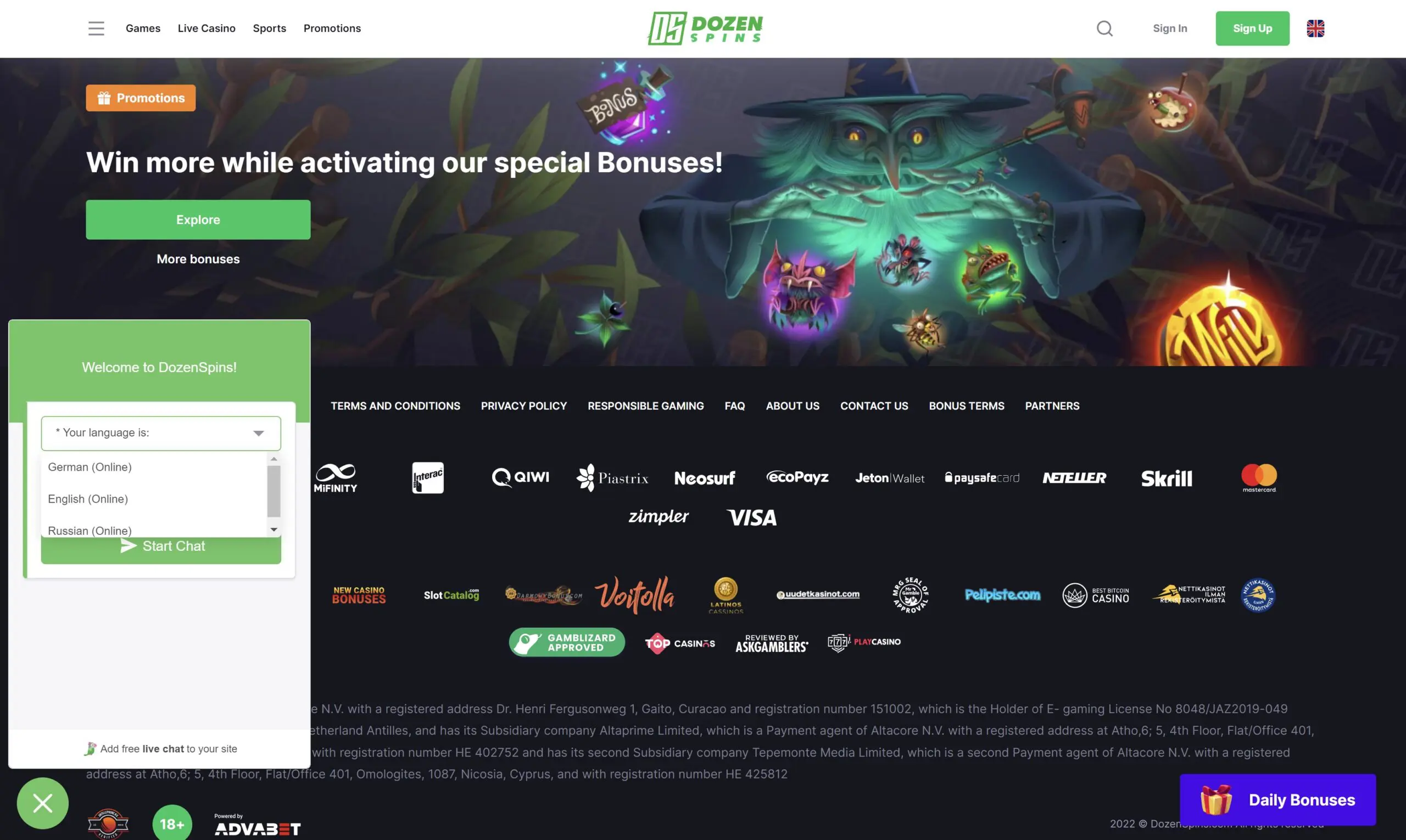 dozen spins casino customer support login