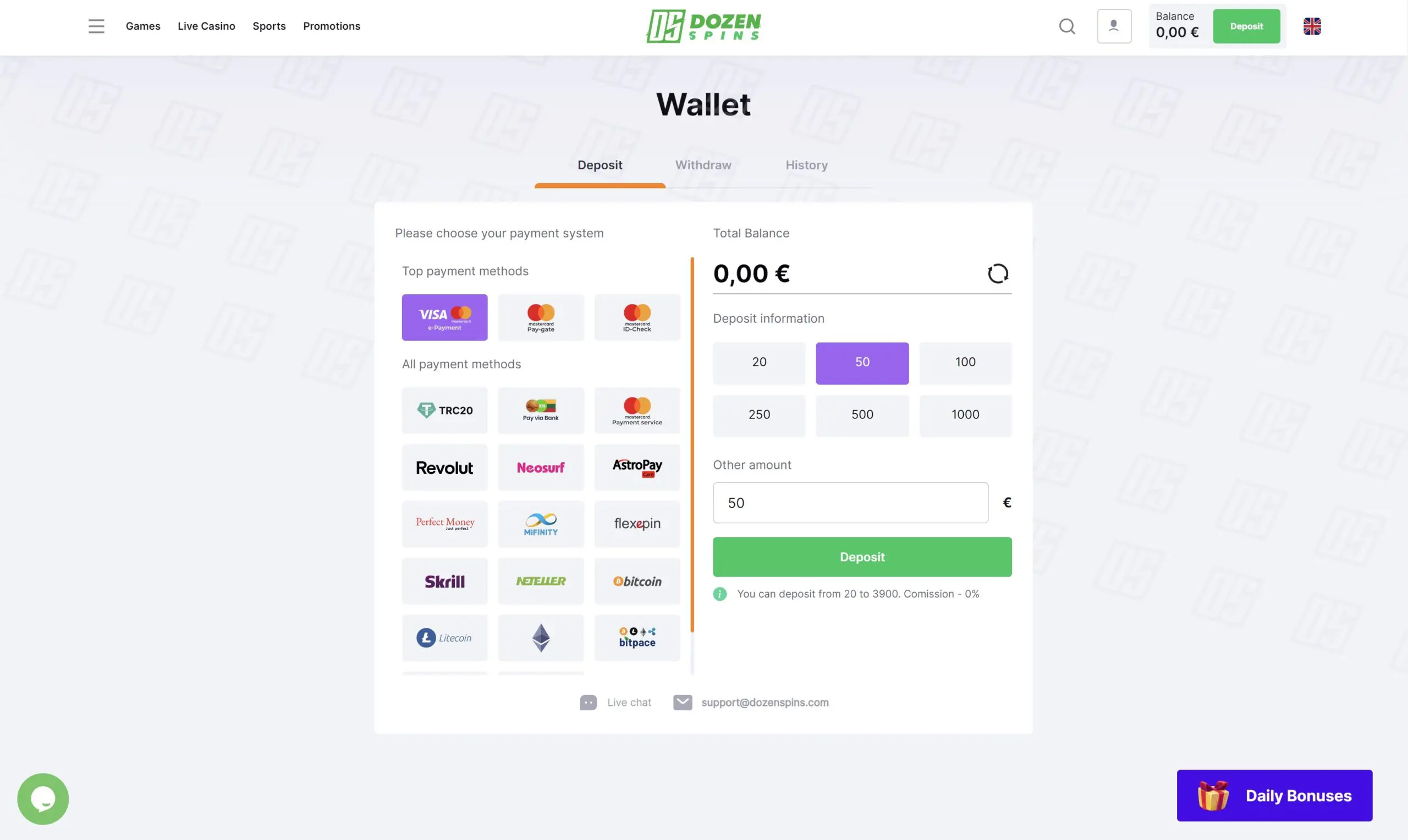 dozen spins payment methods visa mastercard revolut tron litecoin