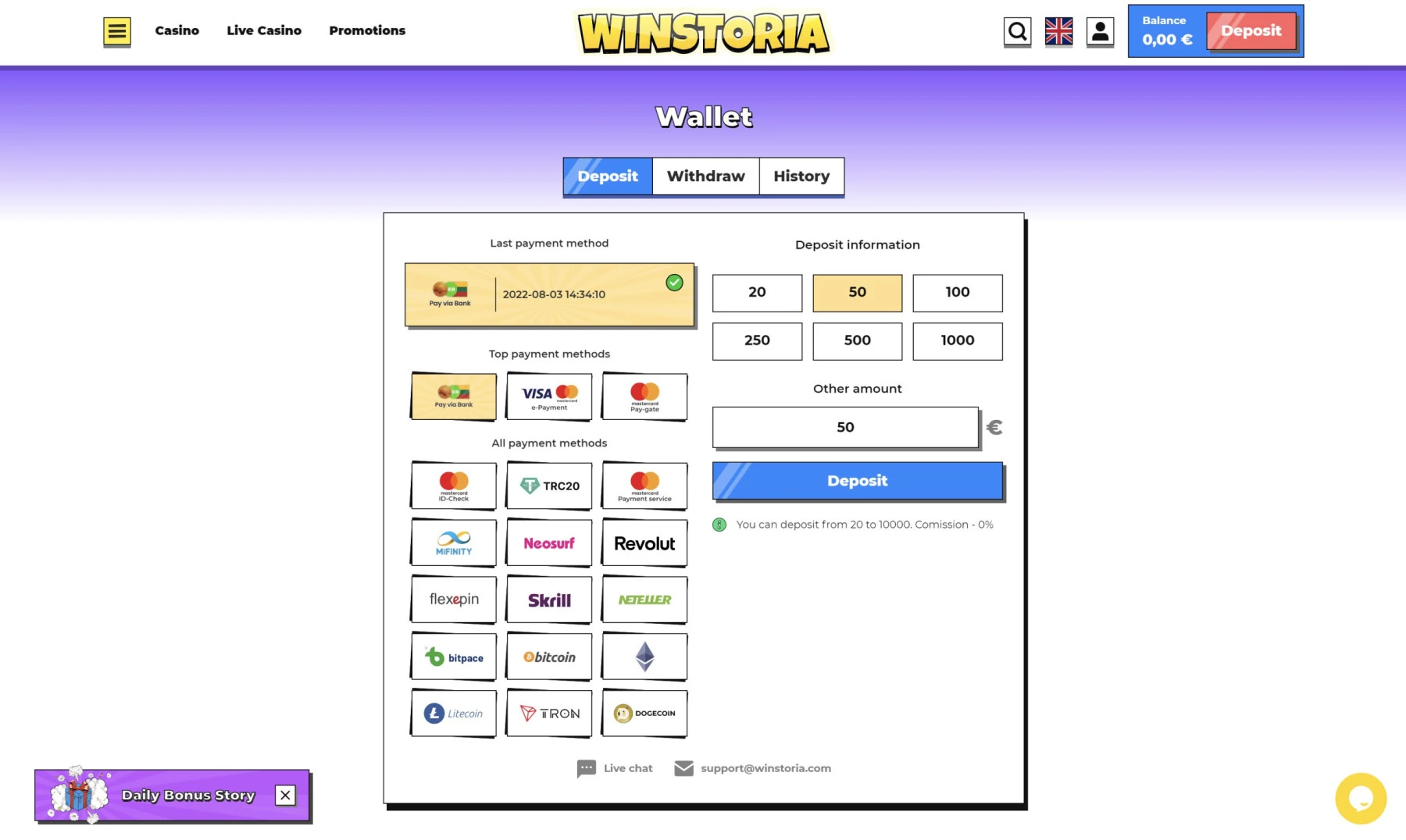 winstoria casino online zahlungsmethoden visa mastercard crypto btc eth tron usdt