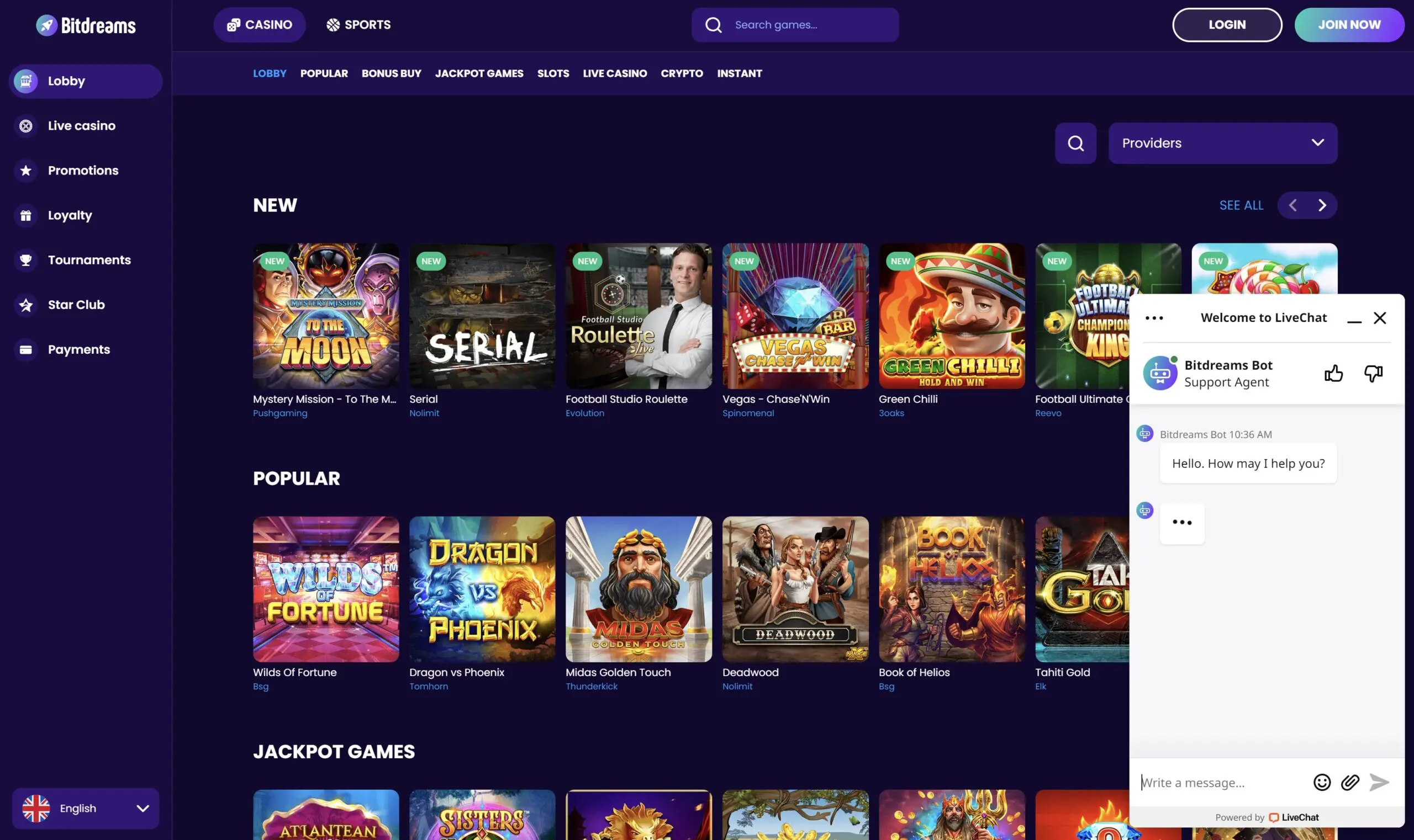 bitdreams casino customer support live chat