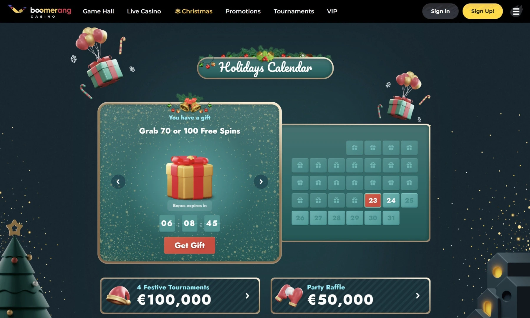 boomerang casino christmas holiday calendar bonus free spins
