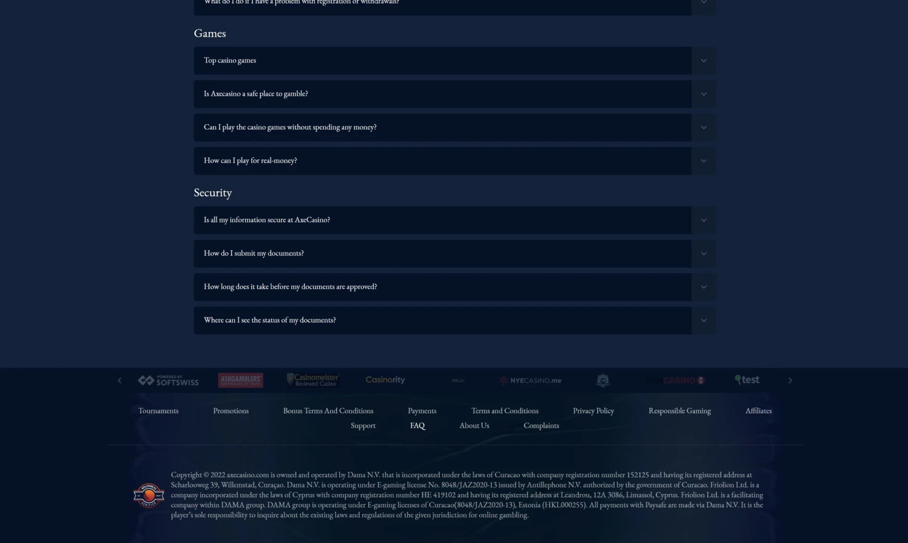 axecasino customer support live chat faq license