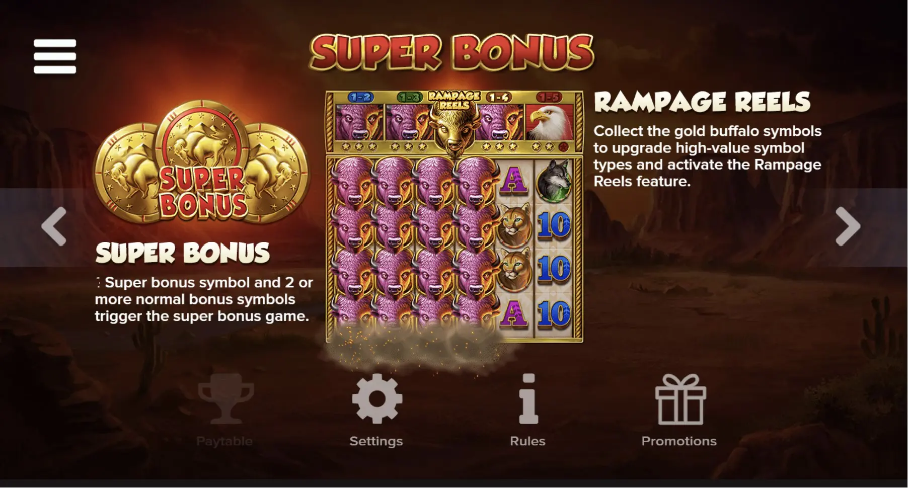 buffalo toro slot super bonus rampage reels