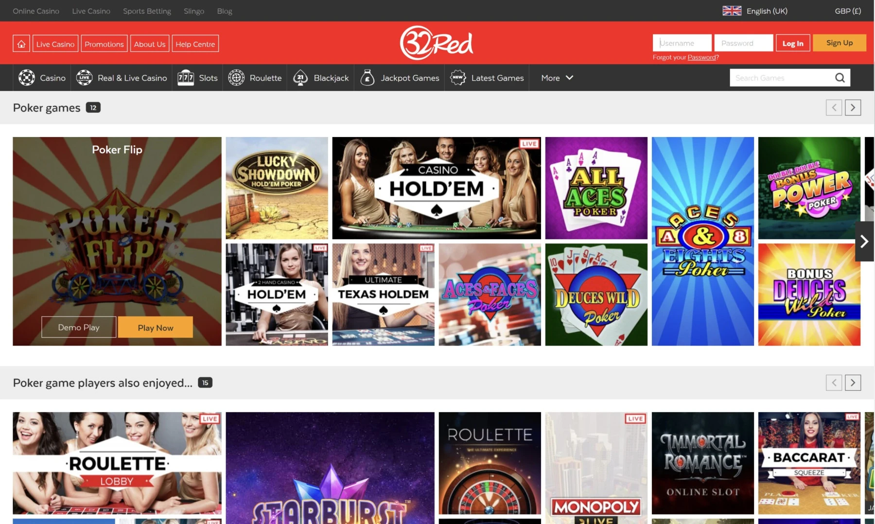 32red video poker blackjack roulette games