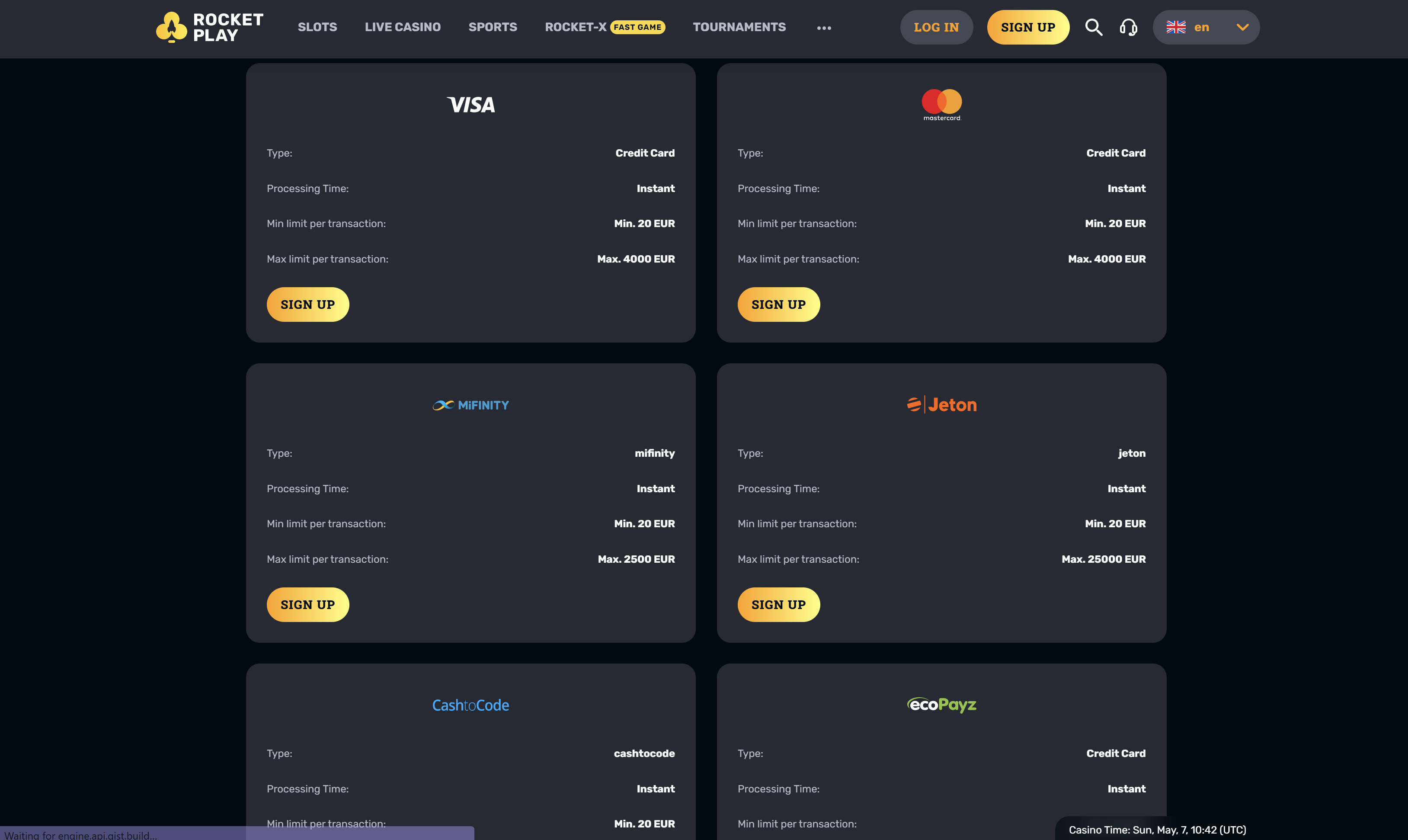 rocketplay payment methods visa mastercard jeton ecopayz